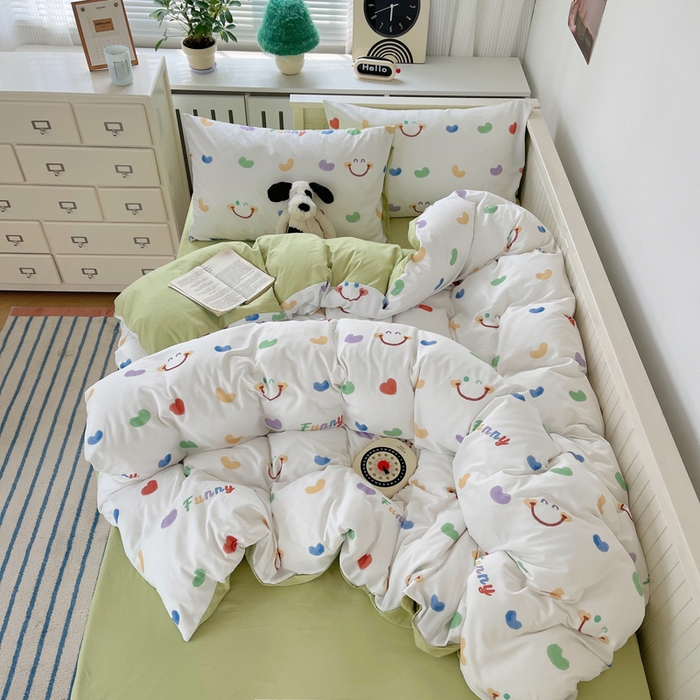 91家纺网 家纺一手货源 找家纺 顾里家纺 2024新款ins韩系华夫格四件套 爱心笑脸