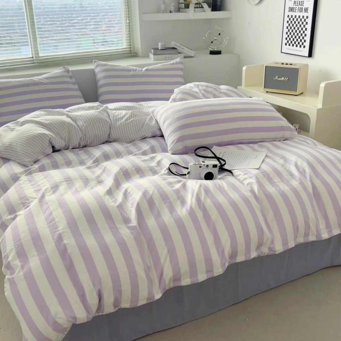 91家纺网 家纺一手货源 找家纺 多品 2024新款高克重水洗棉双层纱皱皱纱四件套 丁香紫条