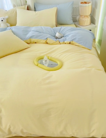 91家纺网 家纺一手货源 找家纺 颜选 2024新款简约纯色水洗棉双拼四件套 奶黄+蓝