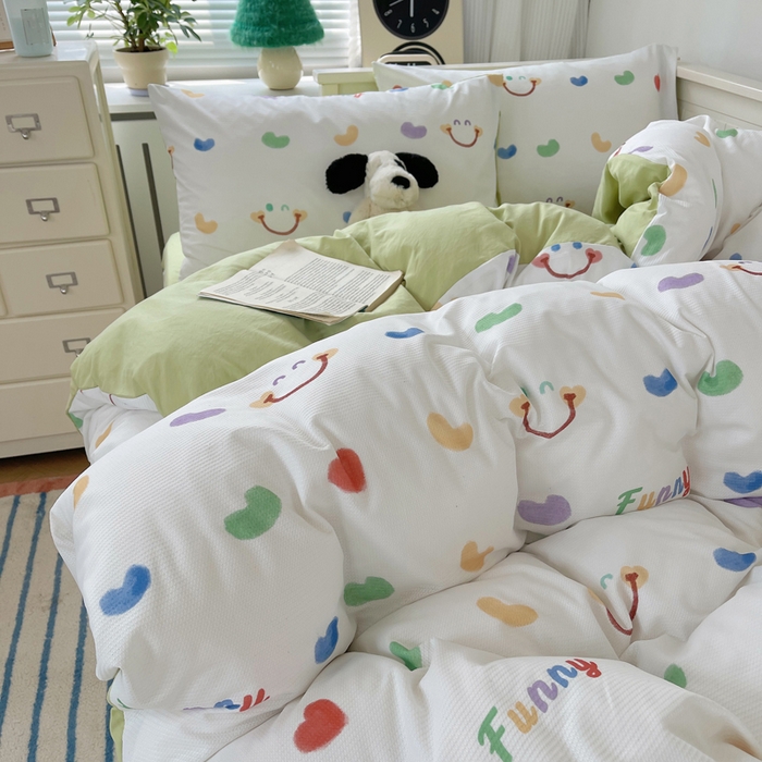 91家纺网 家纺一手货源 找家纺 顾里家纺 2024新款ins韩系华夫格四件套 爱心笑脸