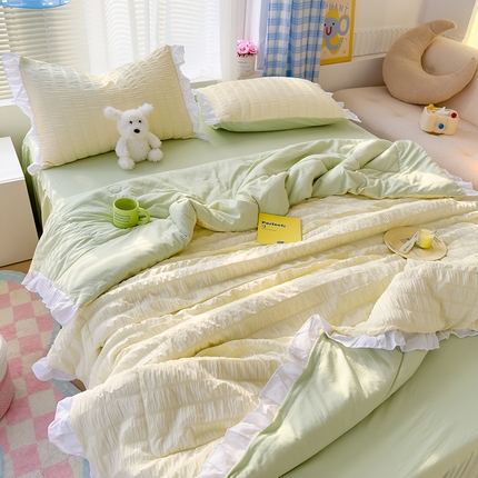 颜选 2024新款泡泡纱花边夏被单品夏被四件套 奶黄+绿