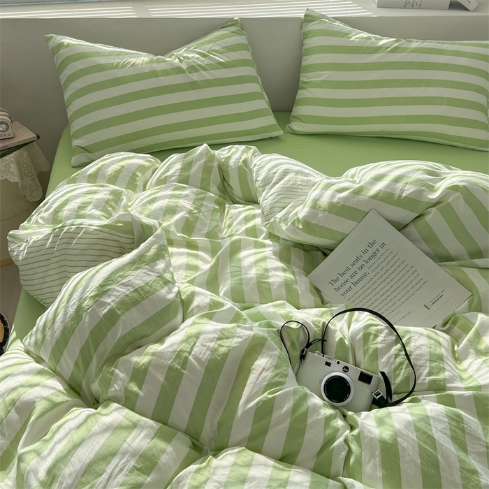 91家纺网 家纺一手货源 找家纺 多品 2024新款高克重水洗棉双层纱皱皱纱四件套 松绿条