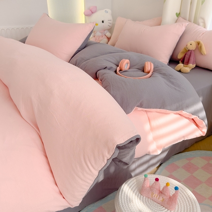 91家纺网 家纺一手货源 找家纺 颜选 2024新款简约纯色水洗棉双拼四件套 豆沙灰