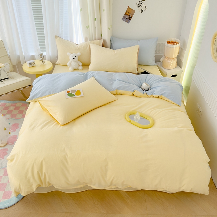 91家纺网 家纺一手货源 找家纺 颜选 2024新款简约纯色水洗棉双拼四件套 奶黄+蓝