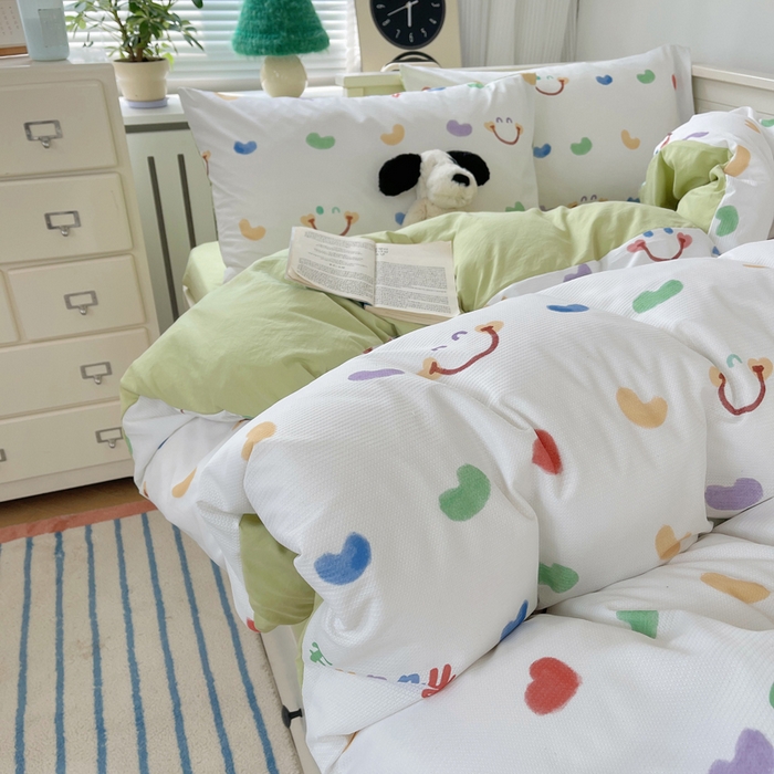 91家纺网 家纺一手货源 找家纺 顾里家纺 2024新款ins韩系华夫格四件套 爱心笑脸