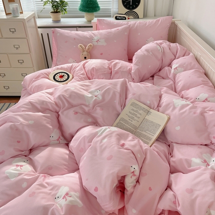 91家纺网 家纺一手货源 找家纺 顾里家纺 2024新款ins韩系华夫格四件套 粉兔兔