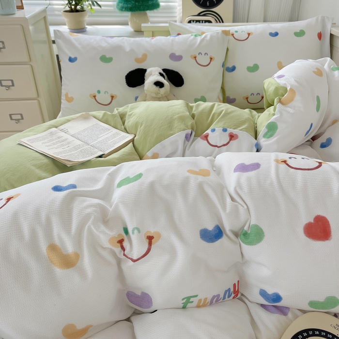 91家纺网 家纺一手货源 找家纺 顾里家纺 2024新款ins韩系华夫格四件套 爱心笑脸