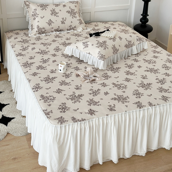 91家纺网 家纺一手货源 找家纺 昔可家纺 2024新款A类900D仙仙雪纺床裙冰丝席 素描玫瑰