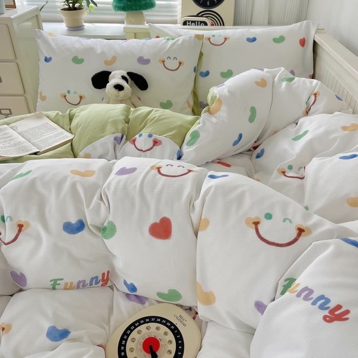 91家纺网 家纺一手货源 找家纺 顾里家纺 2024新款ins韩系华夫格四件套 爱心笑脸