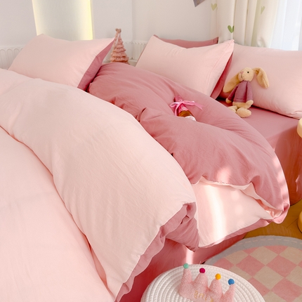 91家纺网 家纺一手货源 找家纺 颜选 2024新款简约纯色水洗棉双拼四件套 豆沙玉