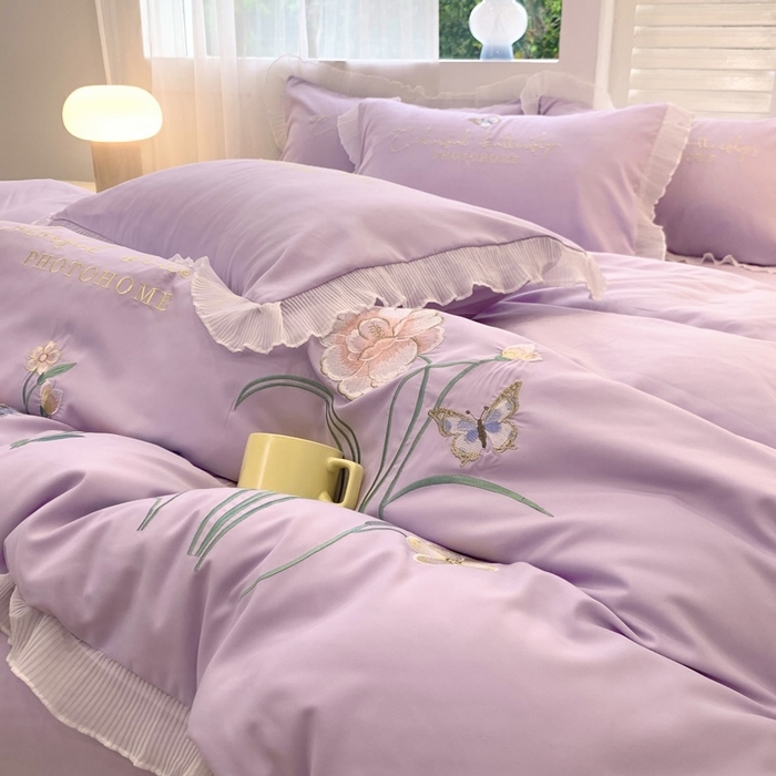 91家纺网 家纺一手货源 找家纺 （总）凯艾玲 2024新款简约轻奢磨毛细斜纹四件套-花之舞 紫色