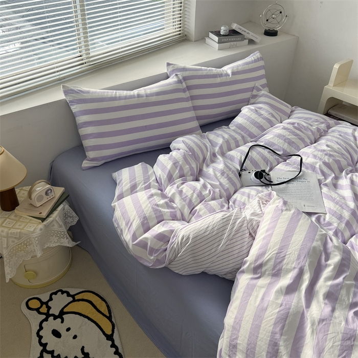 91家纺网 家纺一手货源 找家纺 多品 2024新款高克重水洗棉双层纱皱皱纱四件套 丁香紫条