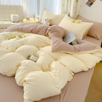 颜选 2024新款简约纯色水洗棉双拼四件套 奶茶