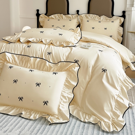 91家纺网 家纺一手货源 找家纺 KA家纺 2025春夏新品全棉绣花四件套蝴蝶结系列 蝴蝶结柠檬黄