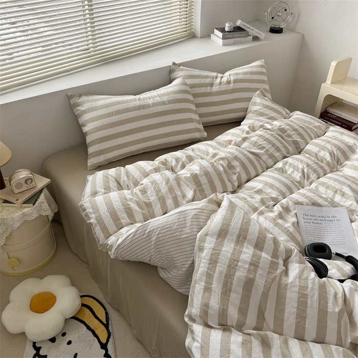 91家纺网 家纺一手货源 找家纺 多品 2024新款高克重水洗棉双层纱皱皱纱四件套 暮落浅咖