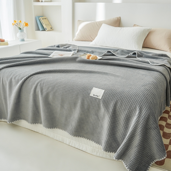 91家纺网 家纺一手货源 找家纺 艾佳 2025新款多功能午睡毯空调毯秋冬床单床盖华夫格双层复合四季毯 米灰