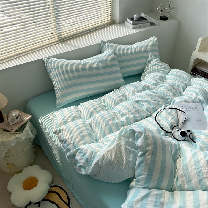 91家纺网 家纺一手货源 找家纺 多品 2024新款高克重水洗棉双层纱皱皱纱四件套 糯米蓝条