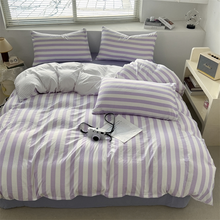 91家纺网 家纺一手货源 找家纺 多品 2024新款高克重水洗棉双层纱皱皱纱四件套 丁香紫条