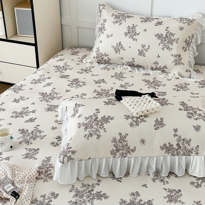 91家纺网 家纺一手货源 找家纺 昔可家纺 2024新款A类900D仙仙雪纺床裙冰丝席 素描玫瑰