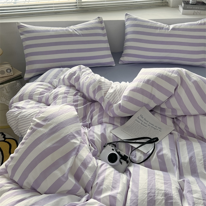 91家纺网 家纺一手货源 找家纺 多品 2024新款高克重水洗棉双层纱皱皱纱四件套 丁香紫条