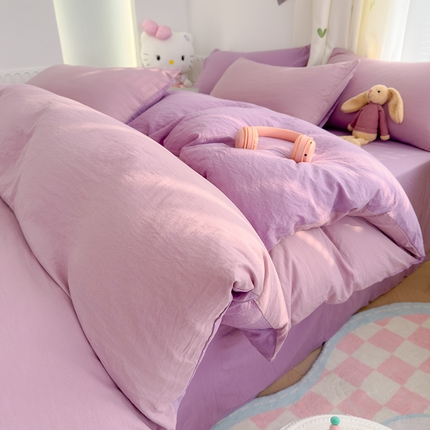 91家纺网 家纺一手货源 找家纺 颜选 2024新款简约纯色水洗棉双拼四件套 纯紫马卡龙