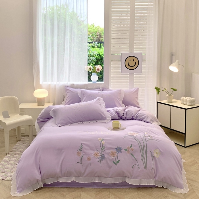 91家纺网 家纺一手货源 找家纺 （总）凯艾玲 2024新款简约轻奢磨毛细斜纹四件套-花之舞 紫色