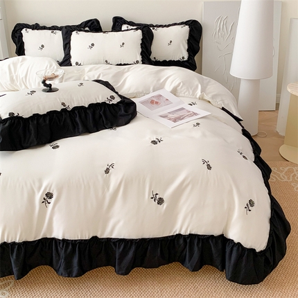 91家纺网 家纺一手货源 找家纺 你好美丽 2025新款高克重水洗真丝刺绣邂逅系列四件套 邂逅白黑