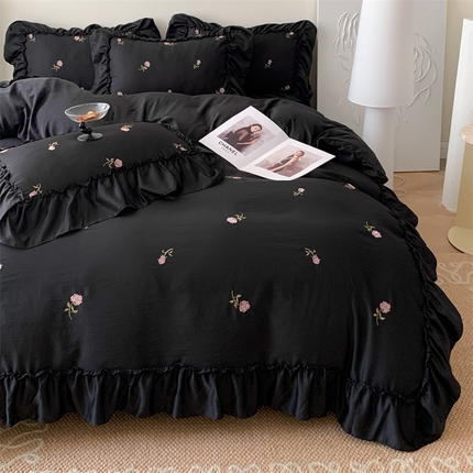 91家纺网 家纺一手货源 找家纺 你好美丽 2025新款高克重水洗真丝刺绣邂逅系列四件套 邂逅黑