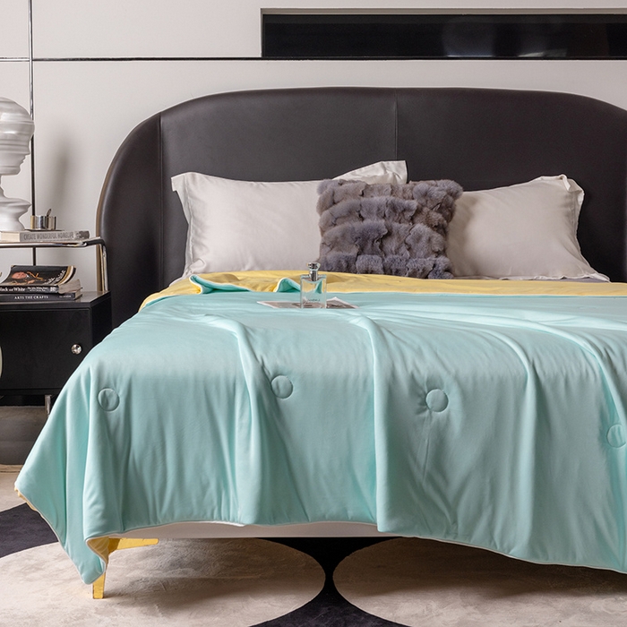 91家纺网 家纺一手货源 找家纺 小芽 2024新款凉感丝夏被 水绿+黄