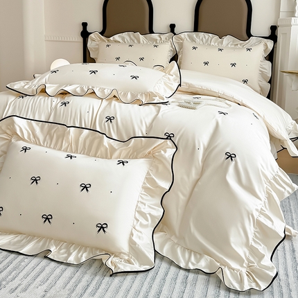 91家纺网 家纺一手货源 找家纺 KA家纺 2025春夏新品全棉绣花四件套蝴蝶结系列 蝴蝶结奶白