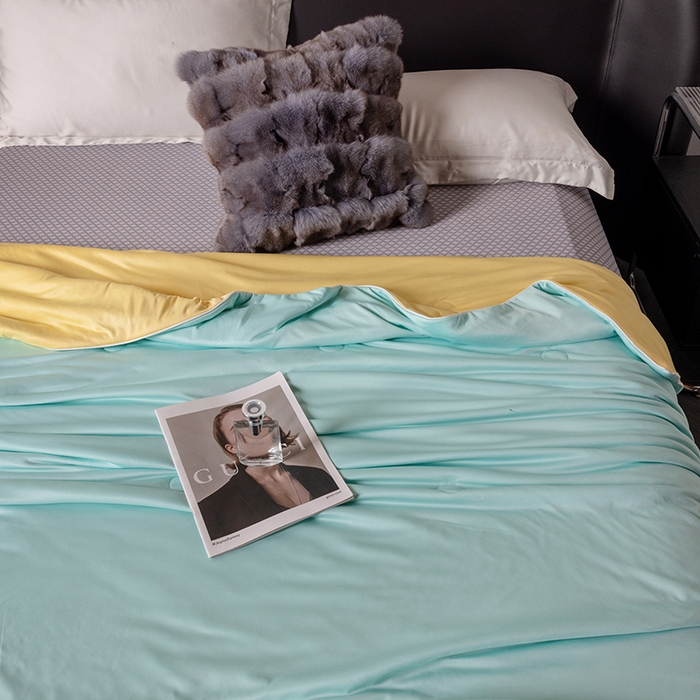 91家纺网 家纺一手货源 找家纺 小芽 2024新款凉感丝夏被 水绿+黄