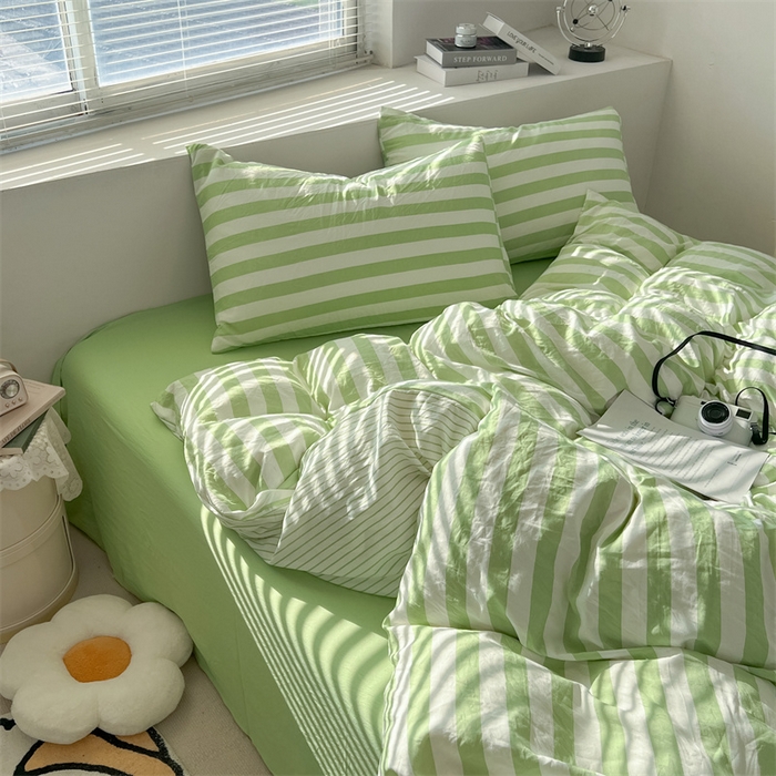 91家纺网 家纺一手货源 找家纺 多品 2024新款高克重水洗棉双层纱皱皱纱四件套 松绿条