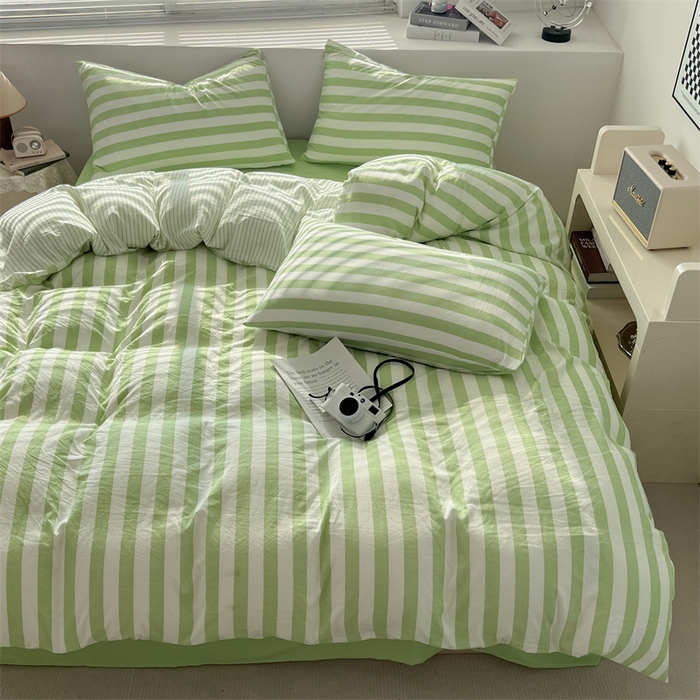 91家纺网 家纺一手货源 找家纺 多品 2024新款高克重水洗棉双层纱皱皱纱单品被套 松绿条