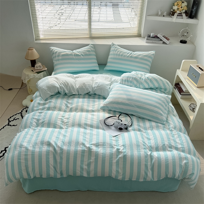 91家纺网 家纺一手货源 找家纺 多品 2024新款高克重水洗棉双层纱皱皱纱四件套 糯米蓝条