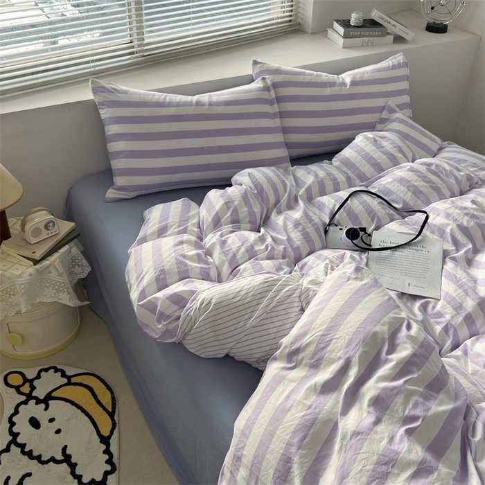 91家纺网 家纺一手货源 找家纺 多品 2024新款高克重水洗棉双层纱皱皱纱四件套 丁香紫条