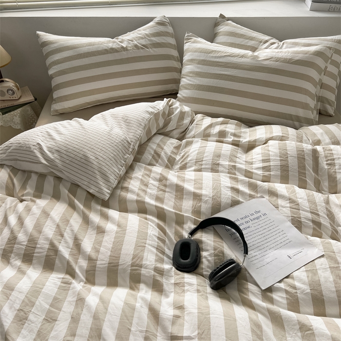 91家纺网 家纺一手货源 找家纺 多品 2024新款高克重水洗棉双层纱皱皱纱四件套 暮落浅咖