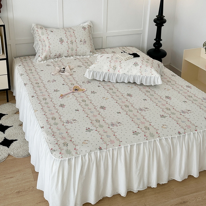 91家纺网 家纺一手货源 找家纺 昔可家纺 2024新款A类900D仙仙雪纺床裙冰丝席 花朵小兔