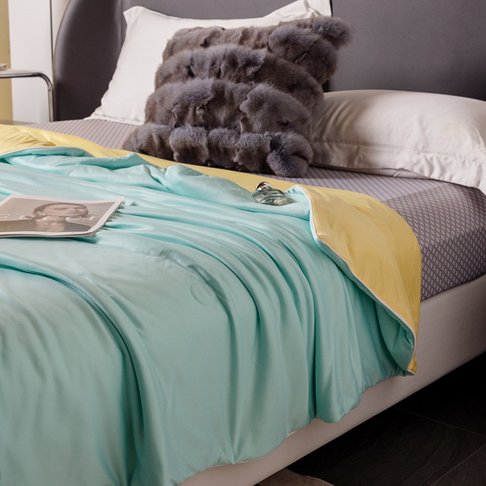 91家纺网 家纺一手货源 找家纺 小芽 2024新款凉感丝夏被 水绿+黄