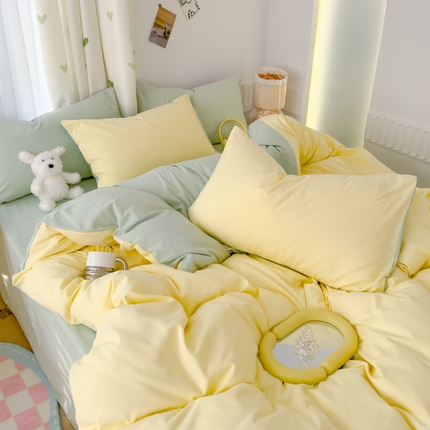 颜选 2024新款简约纯色水洗棉双拼四件套 奶黄+绿