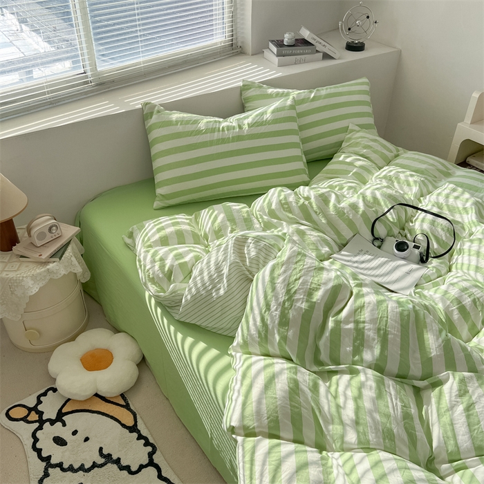 91家纺网 家纺一手货源 找家纺 多品 2024新款高克重水洗棉双层纱皱皱纱单品被套 松绿条