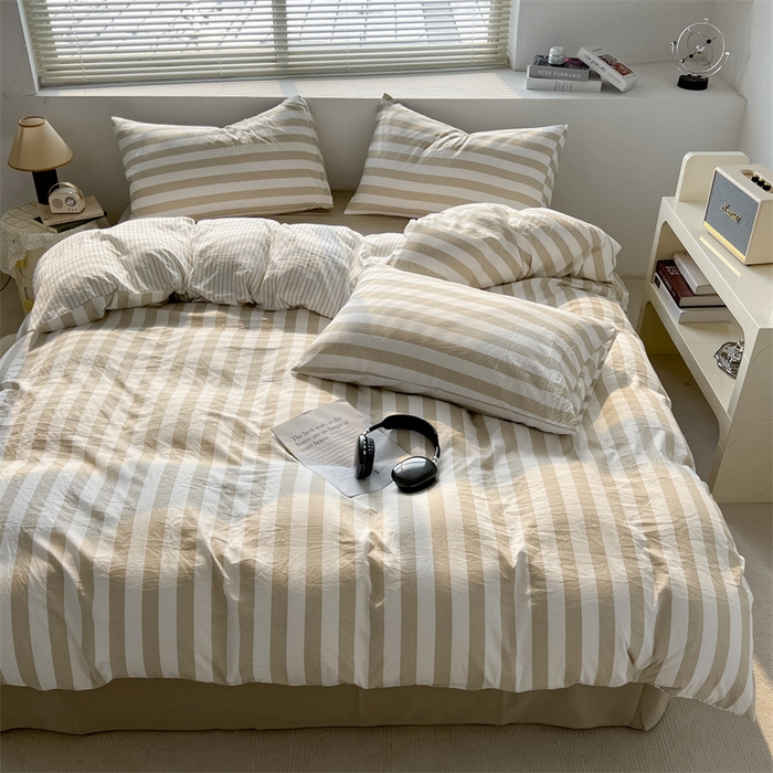 91家纺网 家纺一手货源 找家纺 多品 2024新款高克重水洗棉双层纱皱皱纱四件套 暮落浅咖