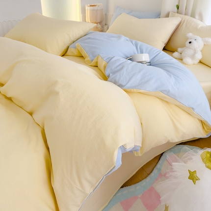 91家纺网 家纺一手货源 找家纺 颜选 2024新款简约纯色水洗棉双拼四件套 奶黄+蓝