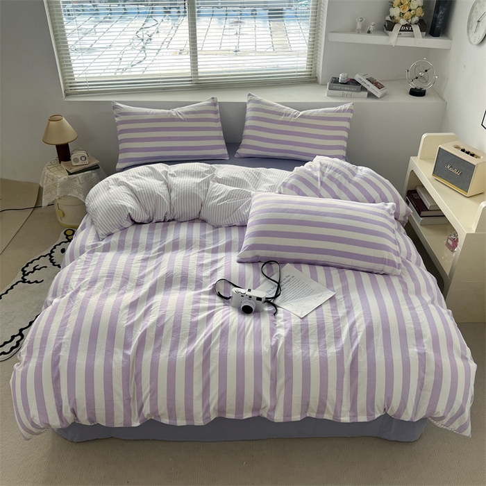 91家纺网 家纺一手货源 找家纺 多品 2024新款高克重水洗棉双层纱皱皱纱四件套 丁香紫条