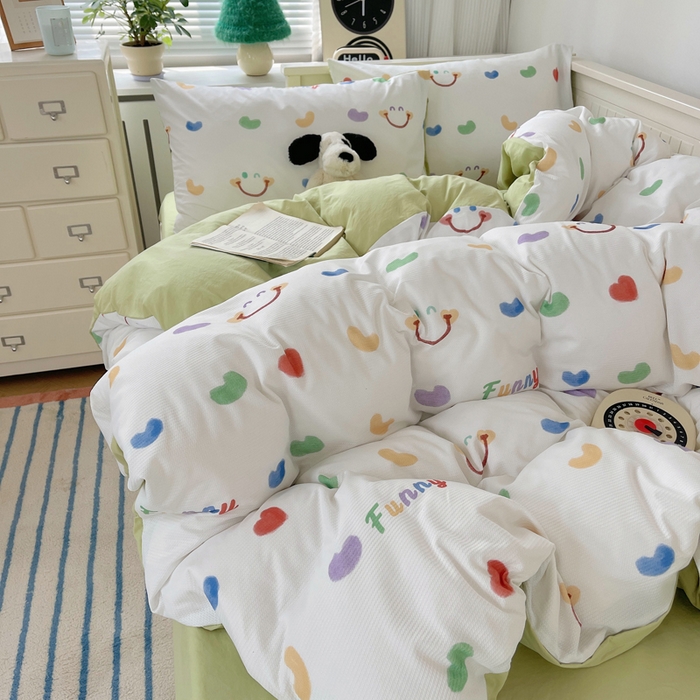 91家纺网 家纺一手货源 找家纺 顾里家纺 2024新款ins韩系华夫格四件套 爱心笑脸