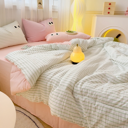 颜选 2024新款热款大眼睛夏被单品夏被四件套 绿条纹