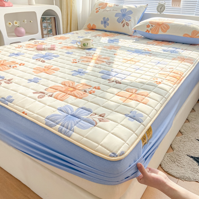 91家纺网 家纺一手货源 找家纺 鑫钰 2024新款全棉印花大豆夹棉床笠床垫保护罩 悠然花香