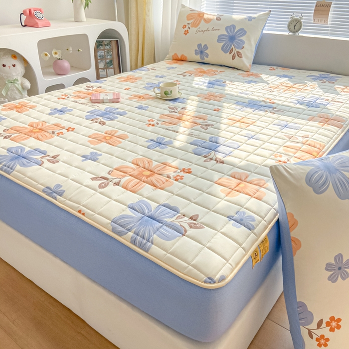 91家纺网 家纺一手货源 找家纺 鑫钰 2024新款全棉印花大豆夹棉床笠床垫保护罩 悠然花香