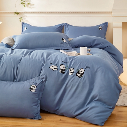 佳宇轩 2024新款水洗棉四件套磨毛四件套绣花四件套纯色四件套 暴力熊猫-藏青