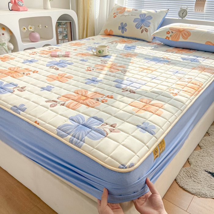 91家纺网 家纺一手货源 找家纺 鑫钰 2024新款全棉印花大豆夹棉床笠床垫保护罩 悠然花香