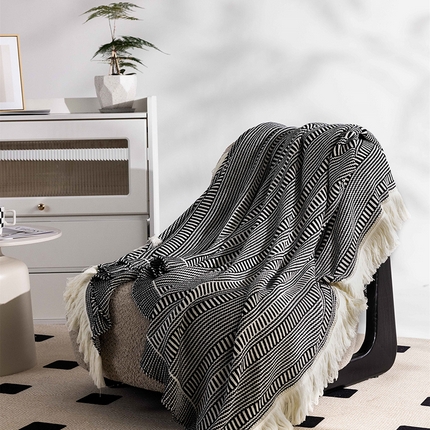 91家纺网 家纺一手货源 找家纺 暖绵绵 2025新款棉腈混纺提花多功能针织毯-贝利 贝利黑白色
